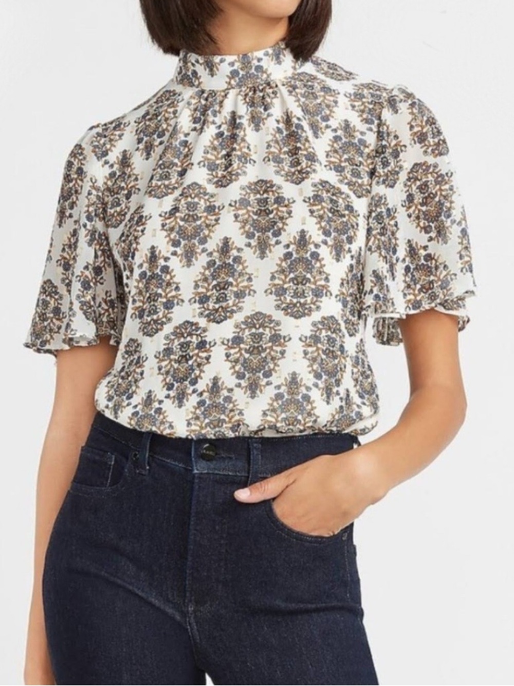 SOLD- Express Floral High-Neck Short Sleeve Blouse in Cream and Blue size Medium